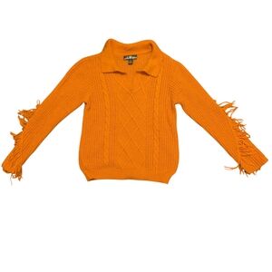 80 Park women’s Orange Cable Knit Sweater with fringe sleeves Size Small